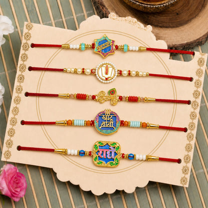 Elegant Trendy Rakhi for Brother with Roli Tikka, Pooja Coin & Card, Pack of 8
