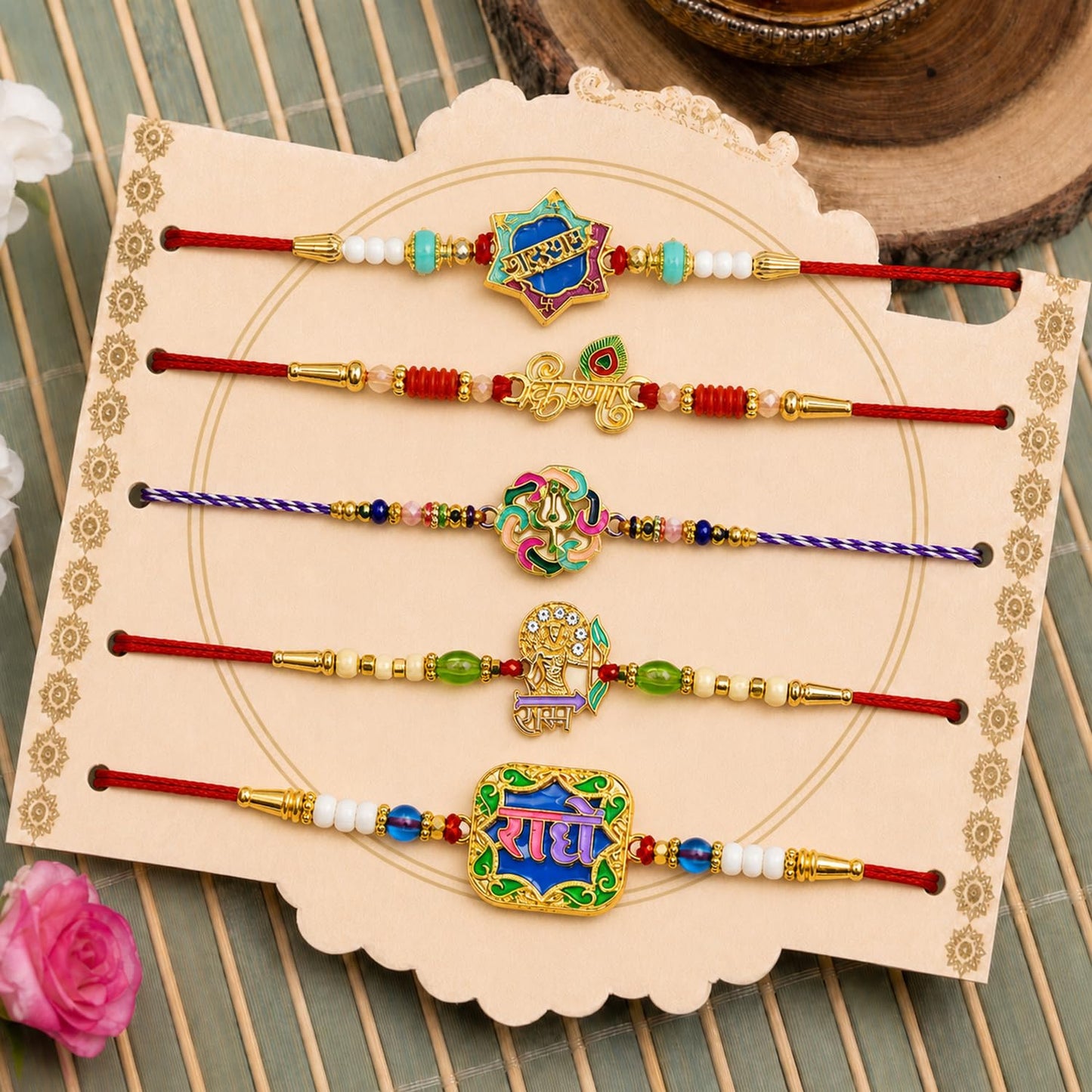 Elegant Designer Rakhi for Brother with Roli Tikka, Pooja Coin & Card, Pack of 8