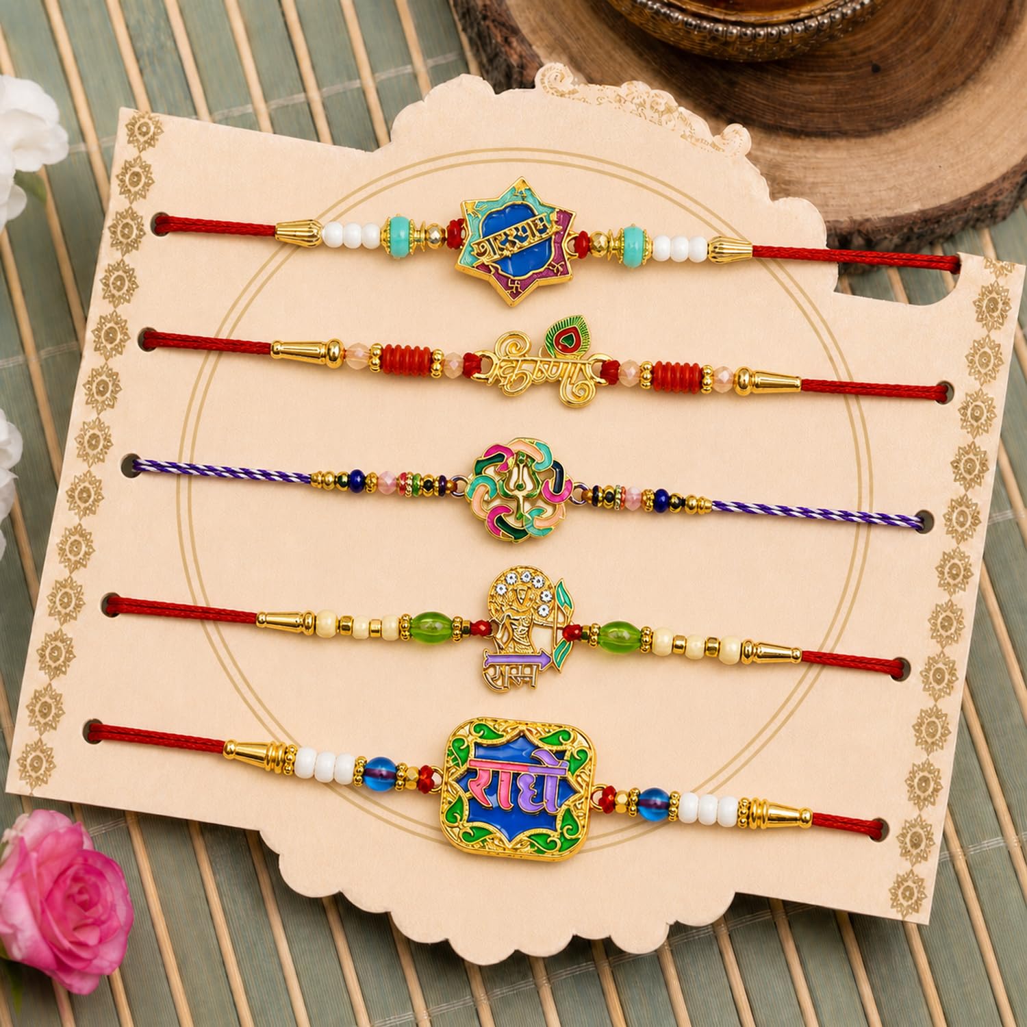 Elegant Designer Rakhi for Brother with Roli Tikka, Pooja Coin & Card, Pack of 8