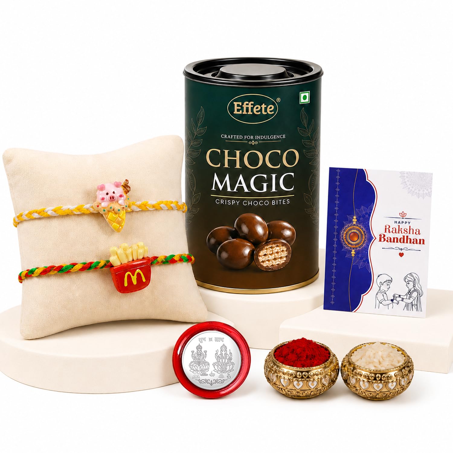 Multicolor Pig, French Fries Rakhi & Chocolate Magic 96gm with Roli Chawal, Silver Color Pooja Coin & Greeting Card, Fancy Rakhis for men stylish, Rakshbandhan Combo, Pack of 6 For Raksha Bandhan