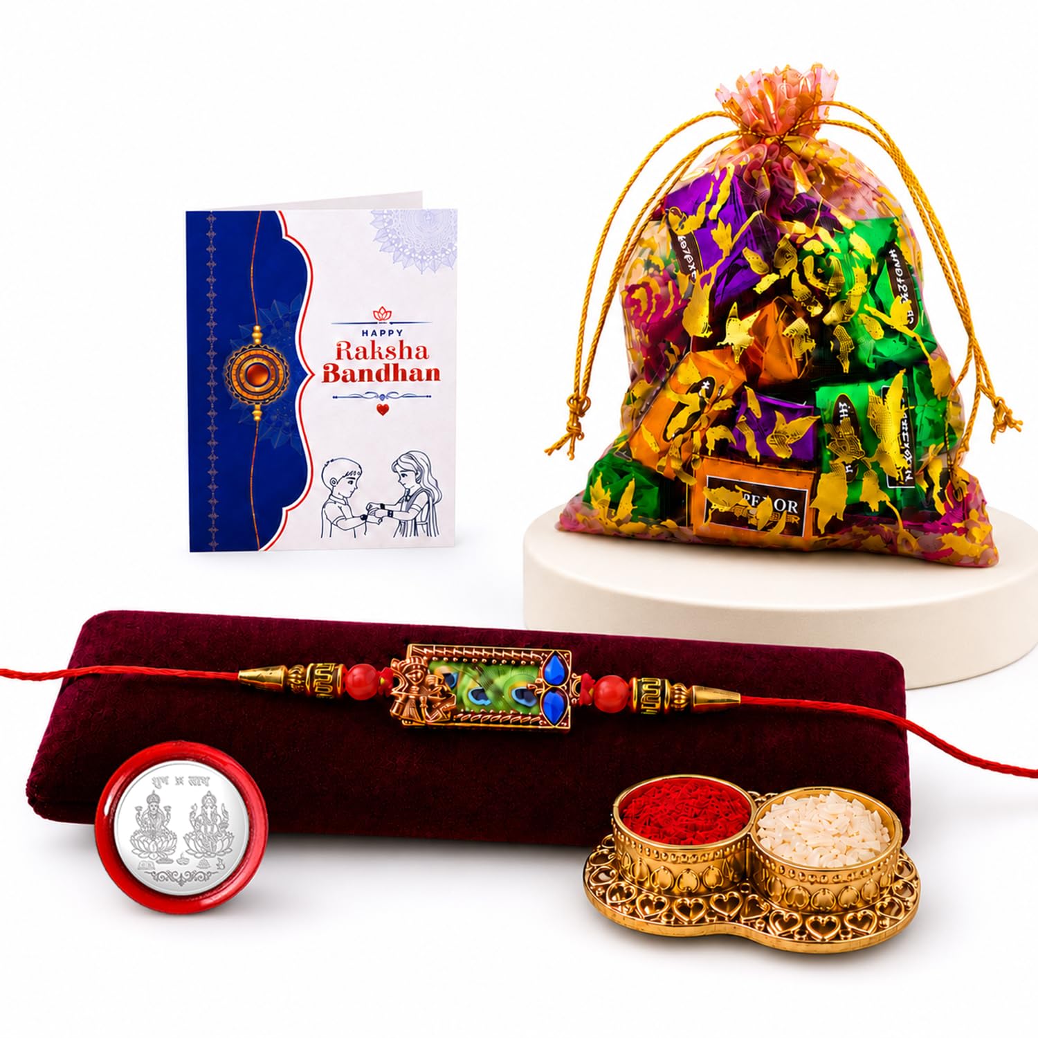Rectangle Shape Rakhi for Brother with Assorted Treats, Coin & Card, Pack of 5