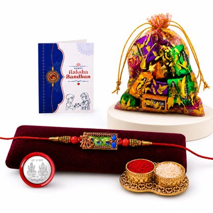 Rectangle Shape Rakhi for Brother with Assorted Treats, Coin & Card, Pack of 5