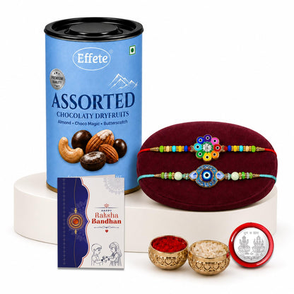Flower, Evil Eye Rakhi Combo - Raksha Bandhan Gift with Assorted Choco 96gm, Pack of 6