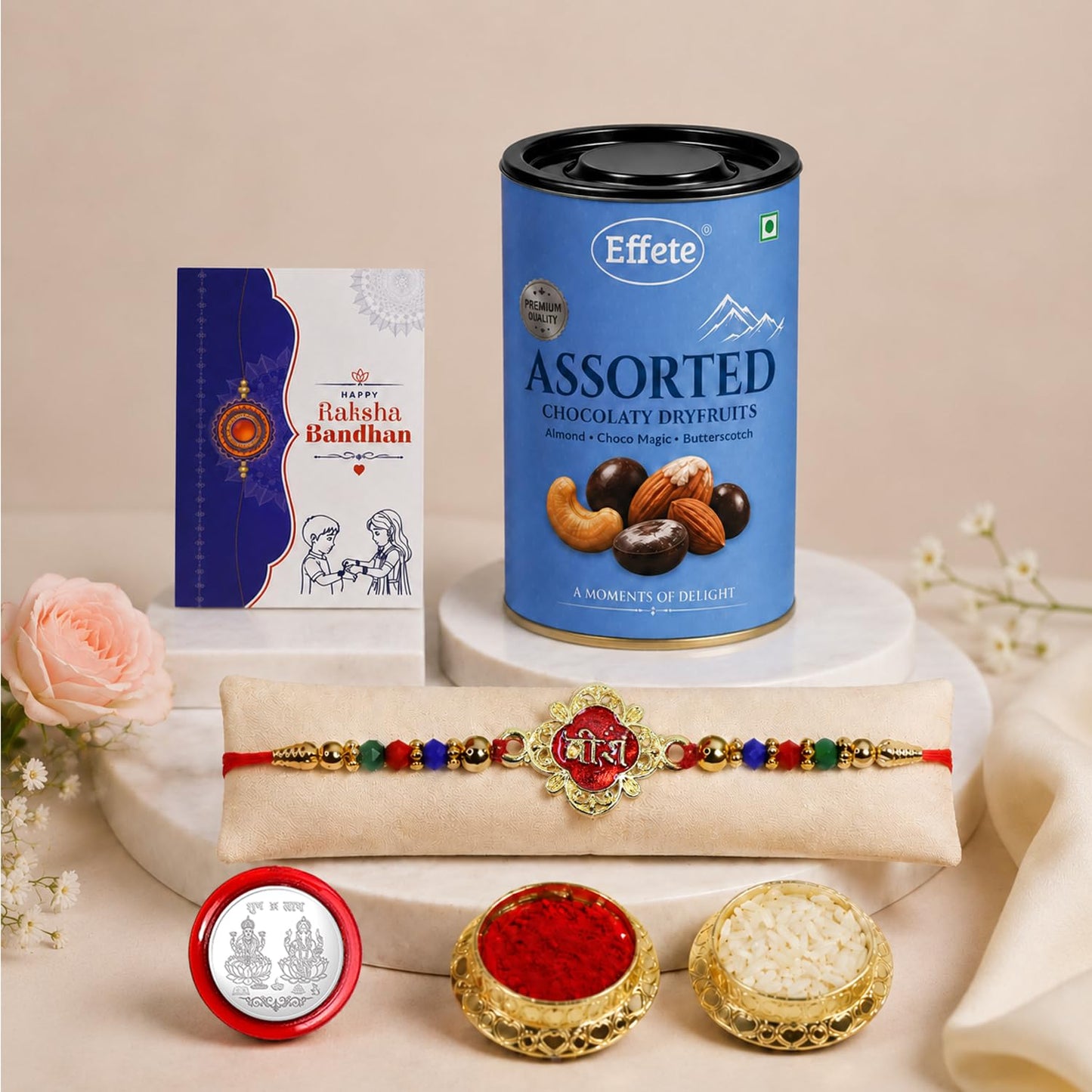 Veera Rakhi for Brother with Choco Dryfruits 96gm, Roli Tikka & Card, Pack of 5