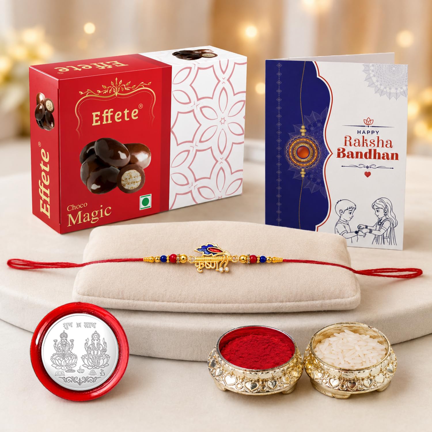 Krishan Rakhi for Brother with Choco Magic 32gm, Roli Chawal & Card, Pack of 5