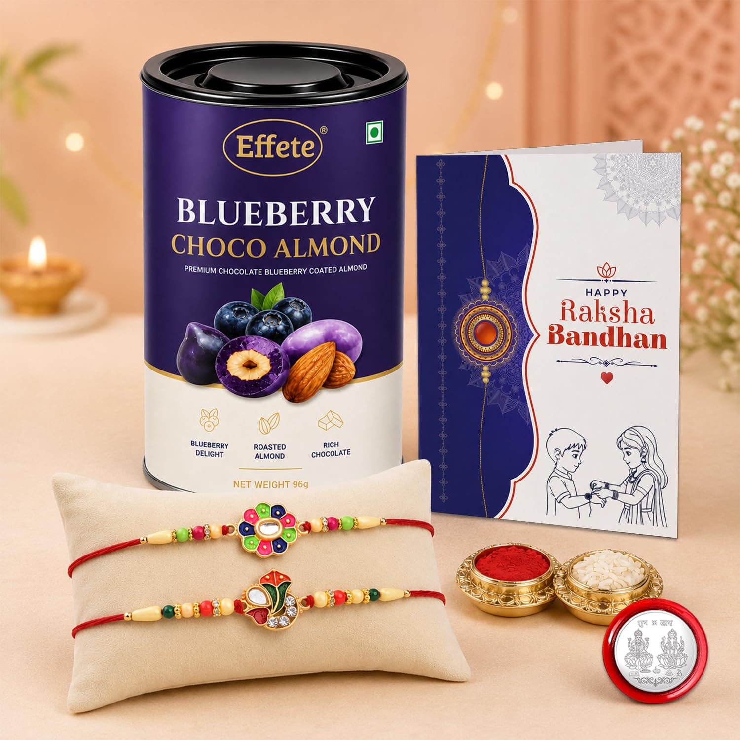 Flower Rakhi for Brother with Blueberry Almond 96gm, Coin & Card | Pack of 6