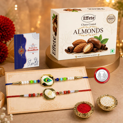 Multicolor OM & Mor Pichh Rakhi for Brother with Choco Almonds 32gm, Pack of 6