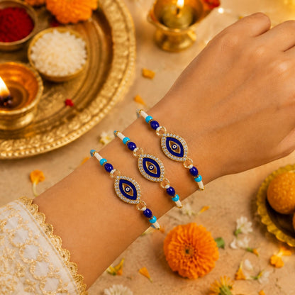 Designer Elegant Handcrafted Rakhi for Brother with Roli Tikka & Card - Pack of 3