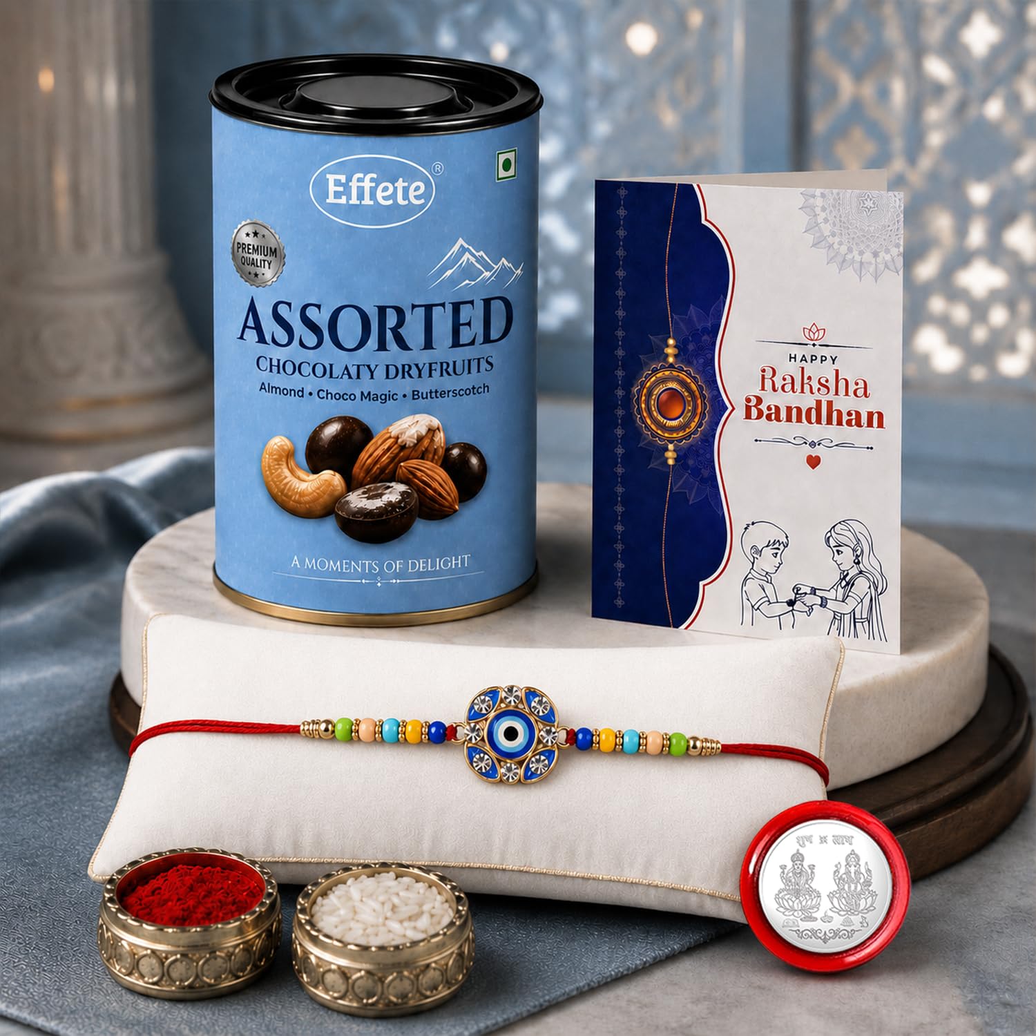 Evil Eye Rakhi for Brother with Choco Dryfruits 96gm, Coin & Card | Pack of 5