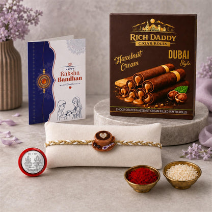 Coffee Cup Rakhi for Brother with Hazelnut Wafer Rolls, Coin & Card, Pack of 5