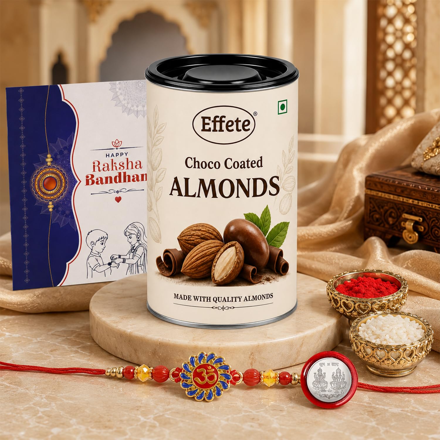 Om Rakhi for Brother with Chocolate Almonds 96gm, Roli Chawal & Card, Pack of 5