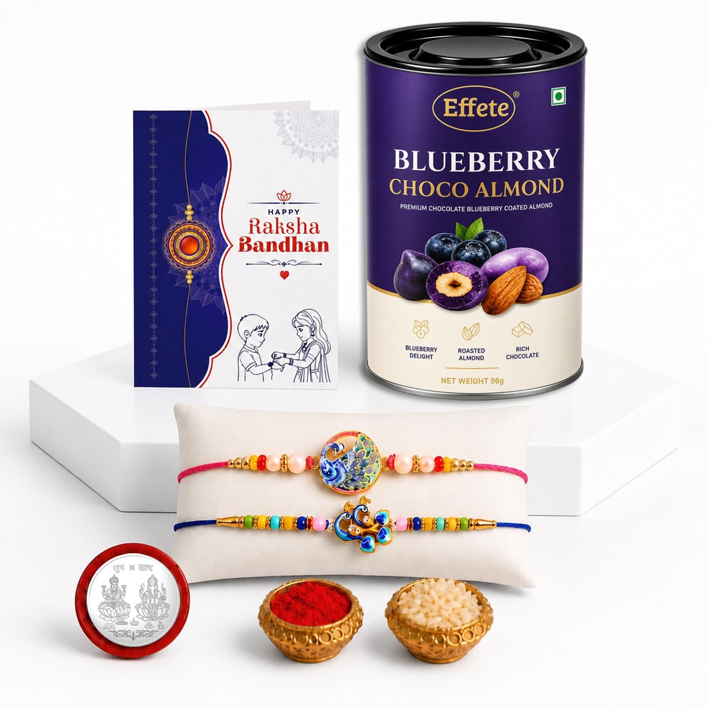 Rakhi Set for Brother (Set of 6) – Peacock & Round Shape Rakhi Combo with Chocolate, Roli Chawal, Silver Color Pooja Coin & Greeting Card – Raksha Bandhan Gift Hamper (K2_1020+1051_BA96)