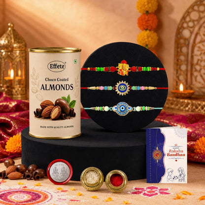 Designer Rakhi for Brother with Choco Almonds 96gm, Roli Chawal & Card, Pack of 8