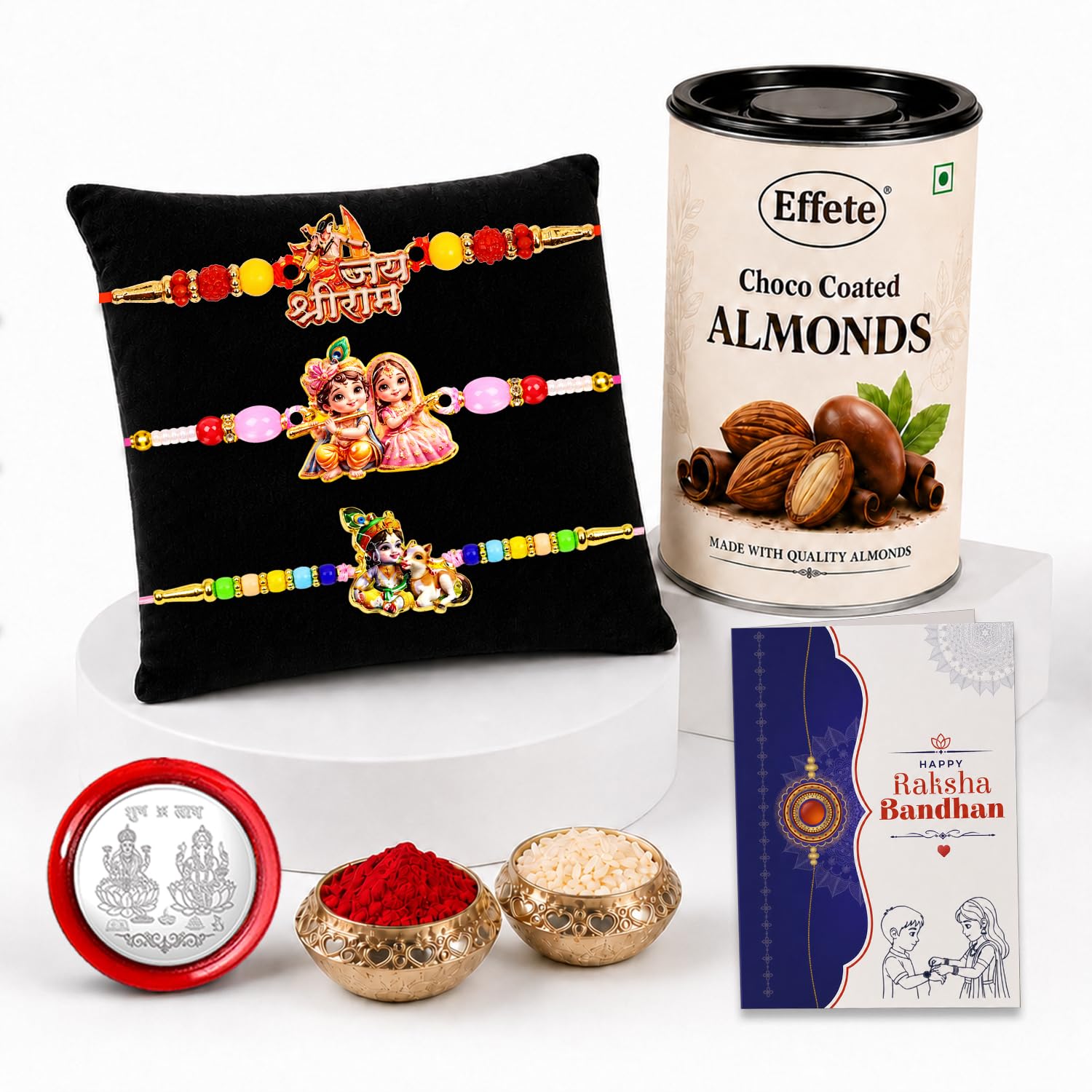 Shri Ram Rakhi Combo - Raksha Bandhan Gift with Choco Almonds 96gm, Pack of 7 | Rakhi Gift
