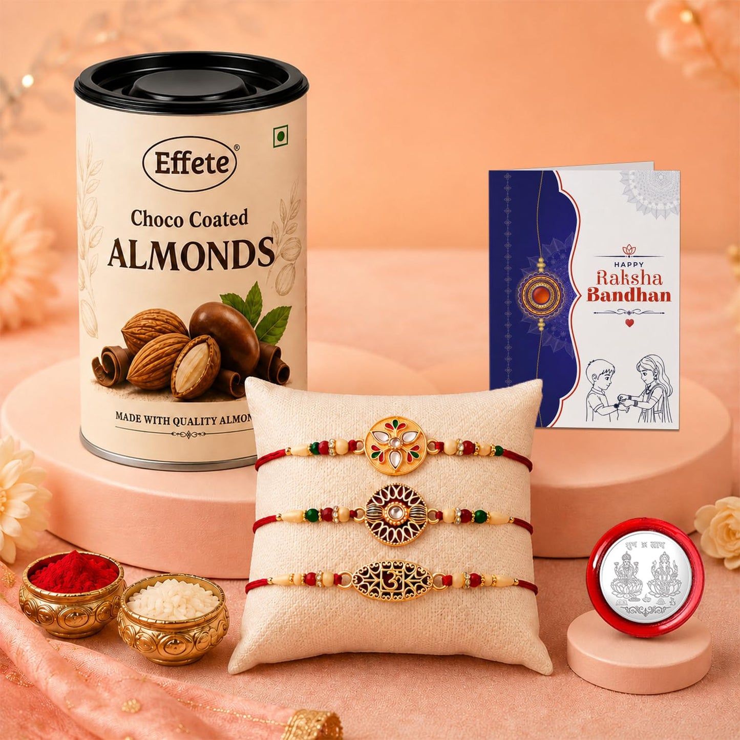 Round Rakhi for Brother with Chocolate 96gm - Rakshabandhan Gift Set, Pack of 7