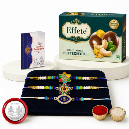 Flower, Evil Eye Rakhi Combo - Raksha Bandhan Gift with Choco Butterscotch 32gm, Pack of 7
