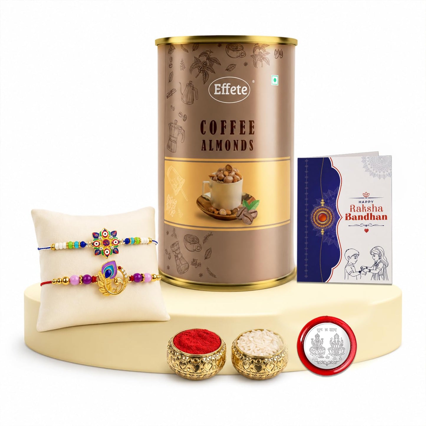 OM, Peacock Multicolor Rakhi & Coffee Almond 96gm with Roli Chawal, Silver Color Pooja Coin & Greeting Card, Rakshbandhan Combo, Rakhi & Chocolate, Pack of 6 For Raksha Bandhan