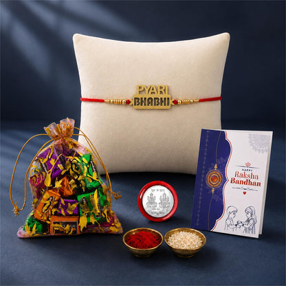 Designer Rakhi for Brother with Assorted Treats, Roli Tikka & Card, Pack of 5