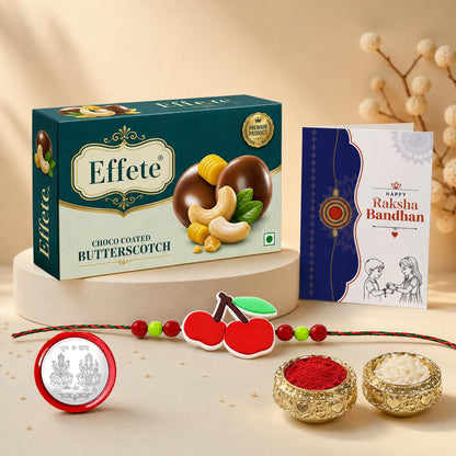Cherry Rakhi for Brother with Butter Scotch 32gm, Roli Chawal & Card, Pack of 5