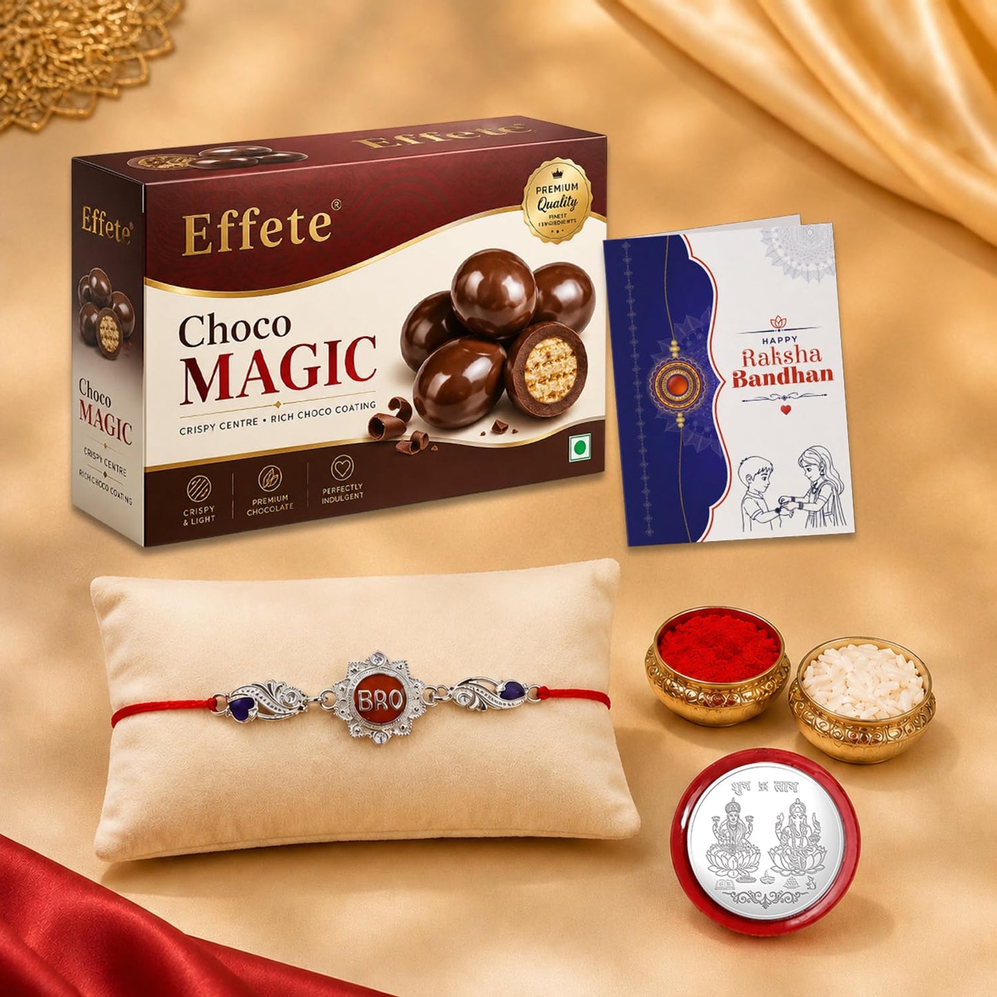 Bro Rakhi for Brother with Chocolate Magic 96gm, Roli Tikka & Card, Pack of 5