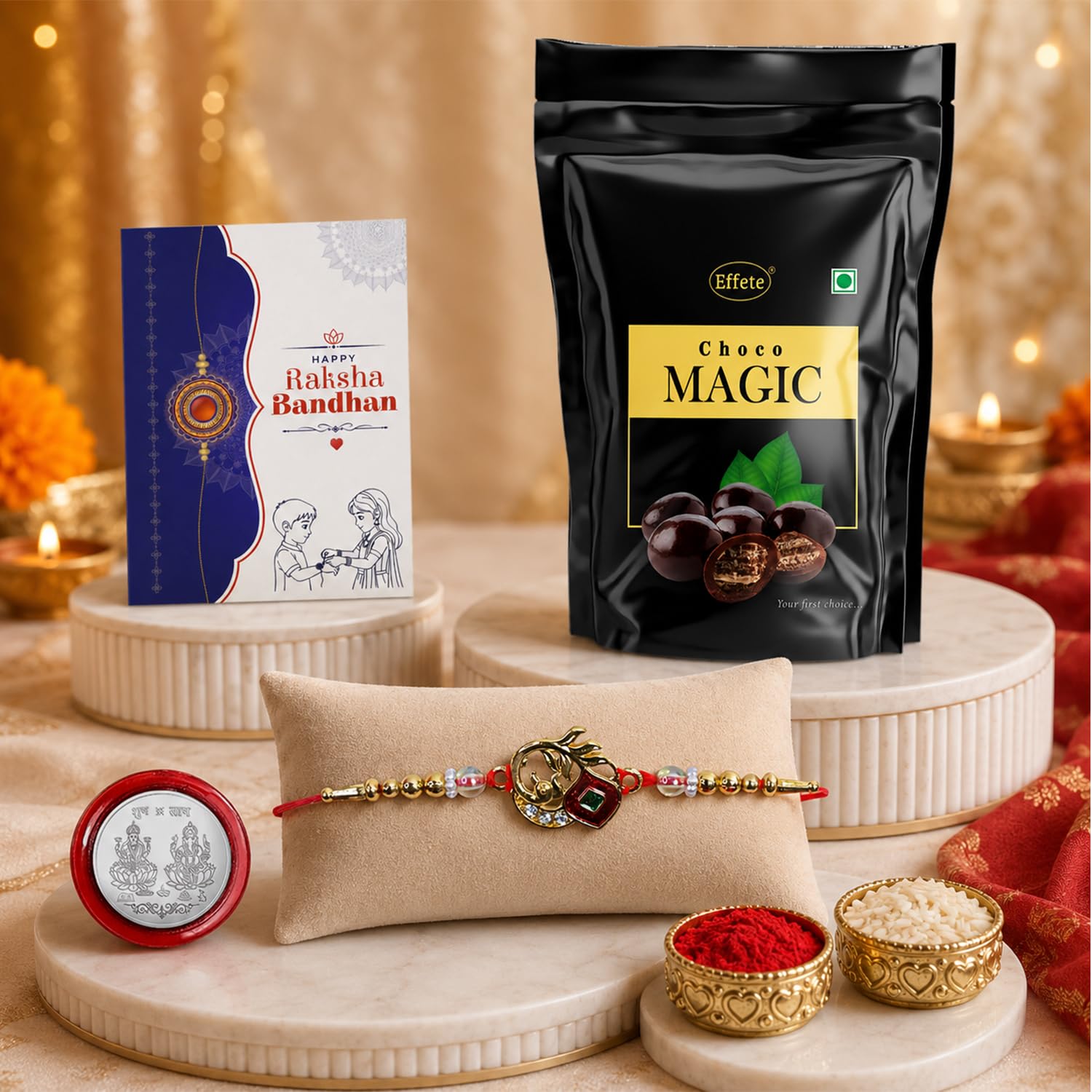 Bird Rakhi for Brother with Choco Magic Pouch, Roli Tikka & Card, Pack of 5