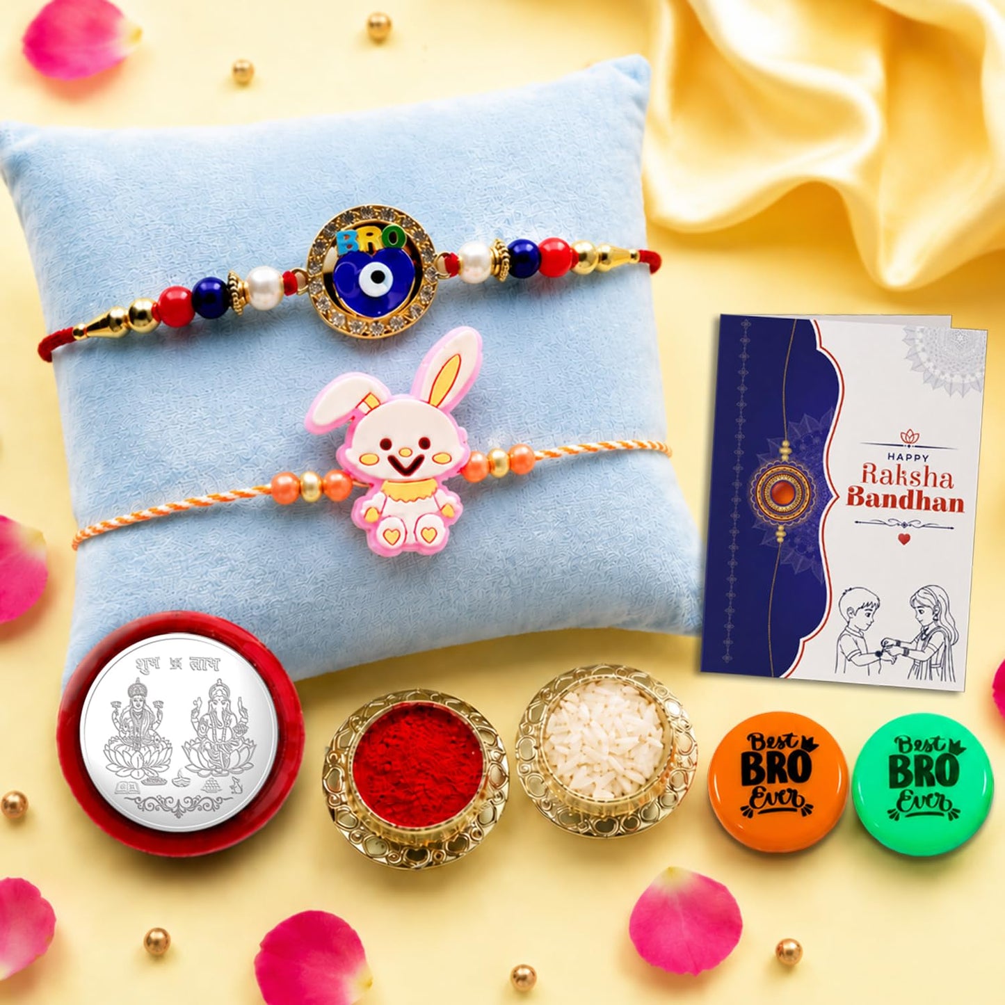 Multicolor Rakhi Combo Evil Eye, Bunny Charm with Multicolour | Pack of 7