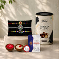 Om Rakhi for Brother with Choco Magic 96gm, Roli Tikka & Greeting Card, Pack of 7