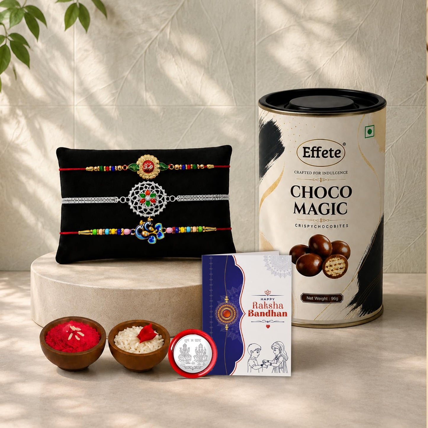 Om Rakhi for Brother with Choco Magic 96gm, Roli Tikka & Greeting Card, Pack of 7