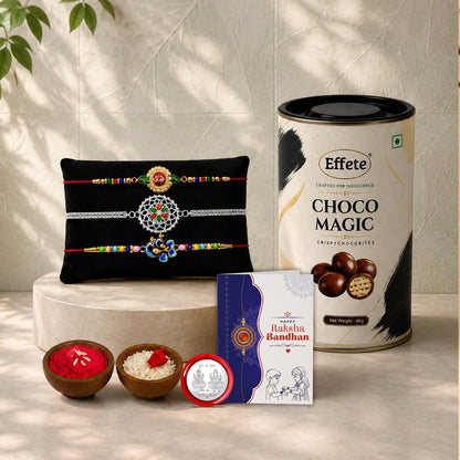 Om Rakhi for Brother with Choco Magic 96gm, Roli Tikka & Greeting Card, Pack of 7