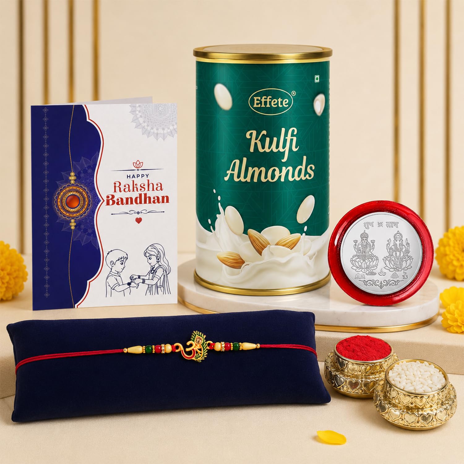 OM Multicolor Rakhi – Kulfi Almonds Raksha Bandhan Gift Combo Gift Set (Pack of 5)