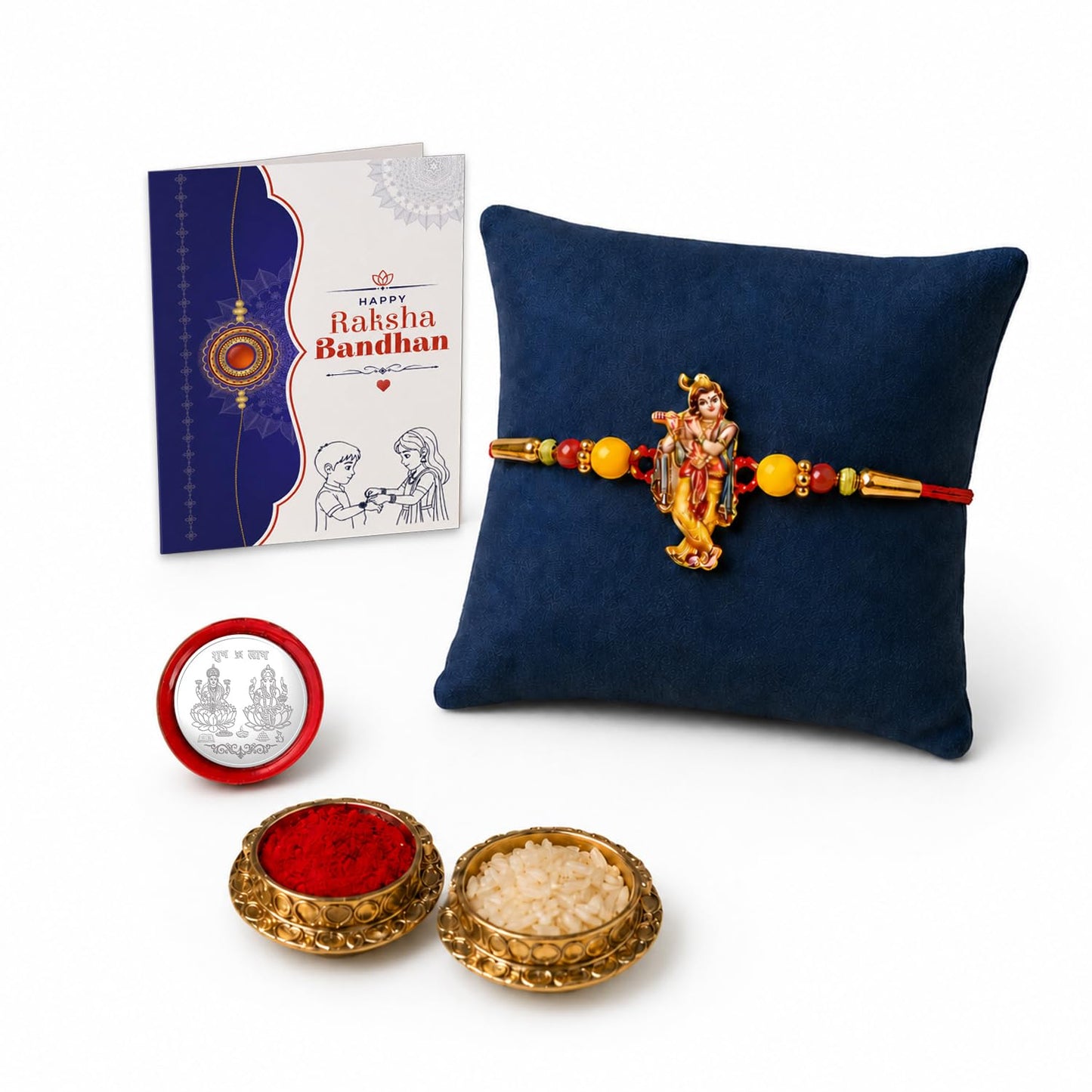 Krishna Beads Rakhi for Brother with Tilak Set, Pooja Coin & Card, Rakhi Set (V2)
