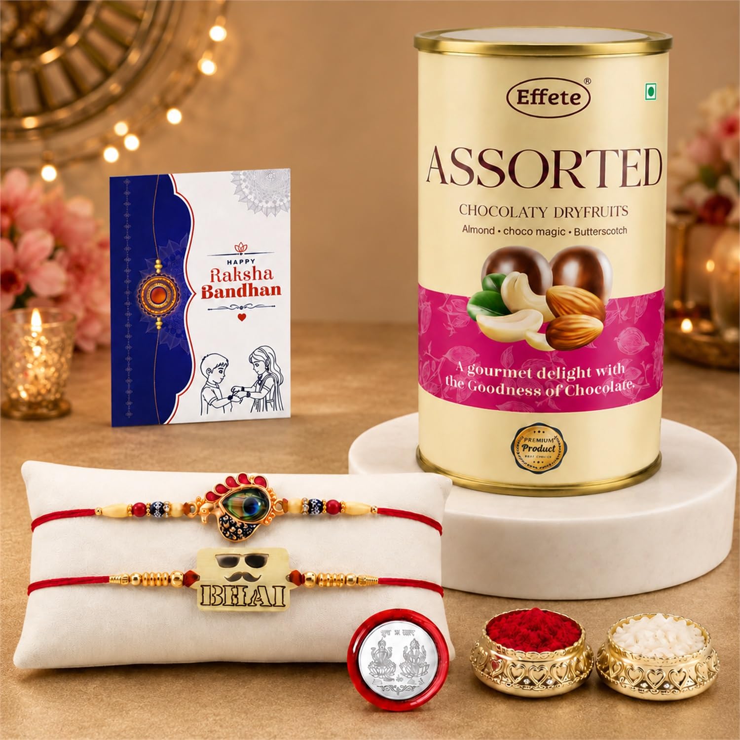Designer Rakhi for Brother with Emperor Chocolate, Roli Tikka & Card, Pack of 6