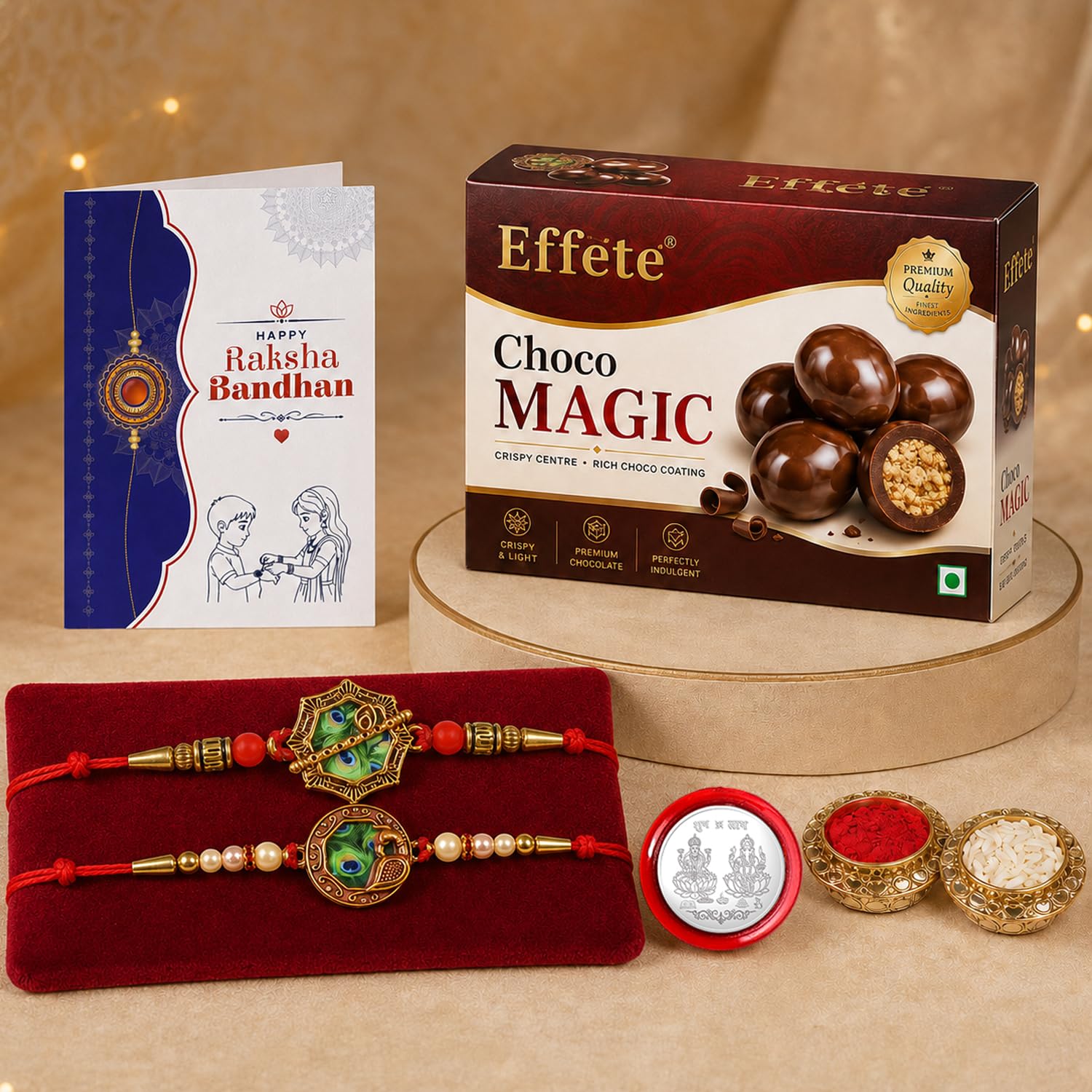Octagon Shape Rakhi for Brother with Chocolate Magic 96gm, Coin & Card, Pack of 6