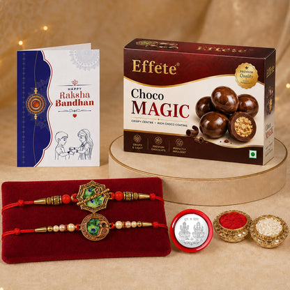 Octagon Shape Rakhi for Brother with Chocolate Magic 96gm, Coin & Card, Pack of 6
