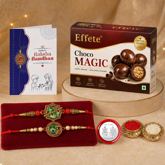 Octagon Shape Rakhi for Brother with Chocolate Magic 96gm, Coin & Card, Pack of 6