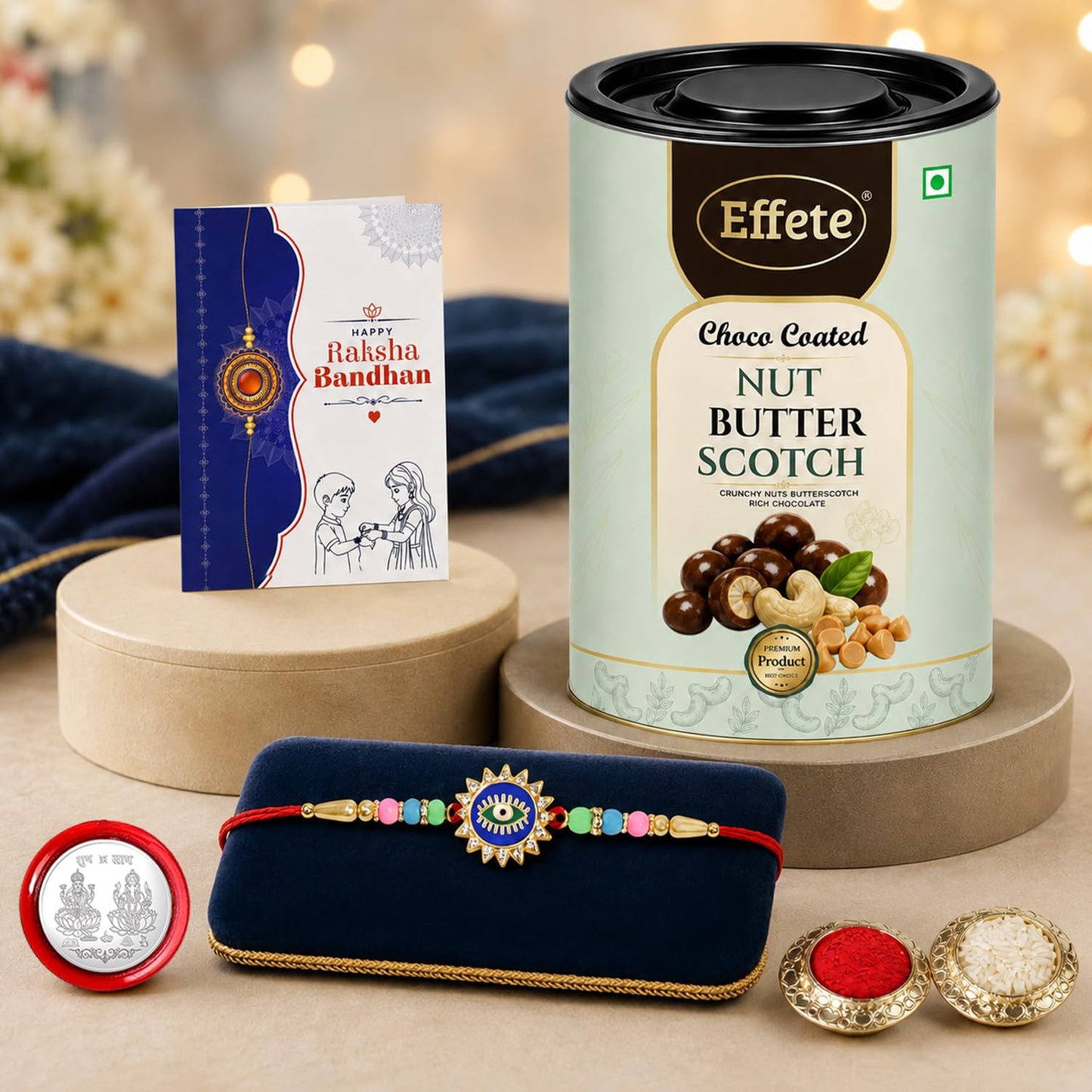 Evil Eye Rakhi Combo - Raksha Bandhan Gift with Choco Butterscotch 96gm, Pack of 5