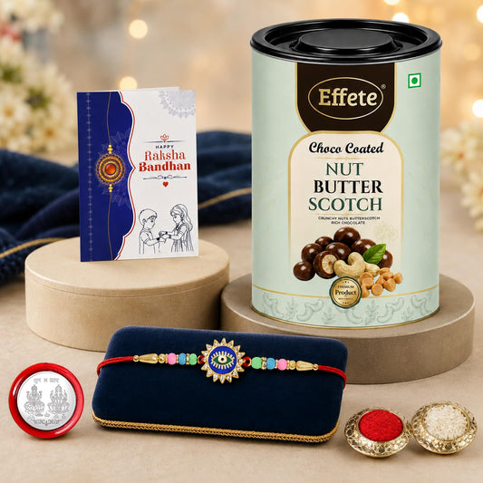 Evil Eye Rakhi Combo - Raksha Bandhan Gift with Choco Butterscotch 96gm, Pack of 5