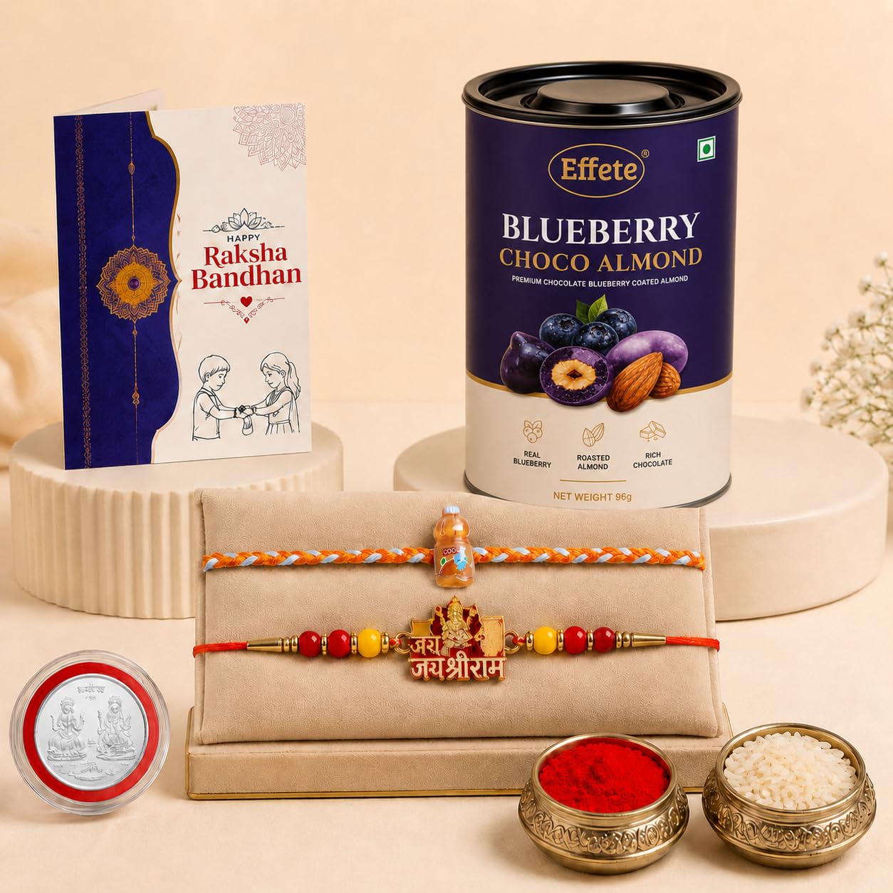 Rakhi Set for Brother (Set of 6) – Bottle & Jai Shree Ram Design Rakhi Combo with Chocolate, Roli Chawal, Silver Color Pooja Coin & Greeting Card – Raksha Bandhan Hamper (K2_1008+1654_BA96)