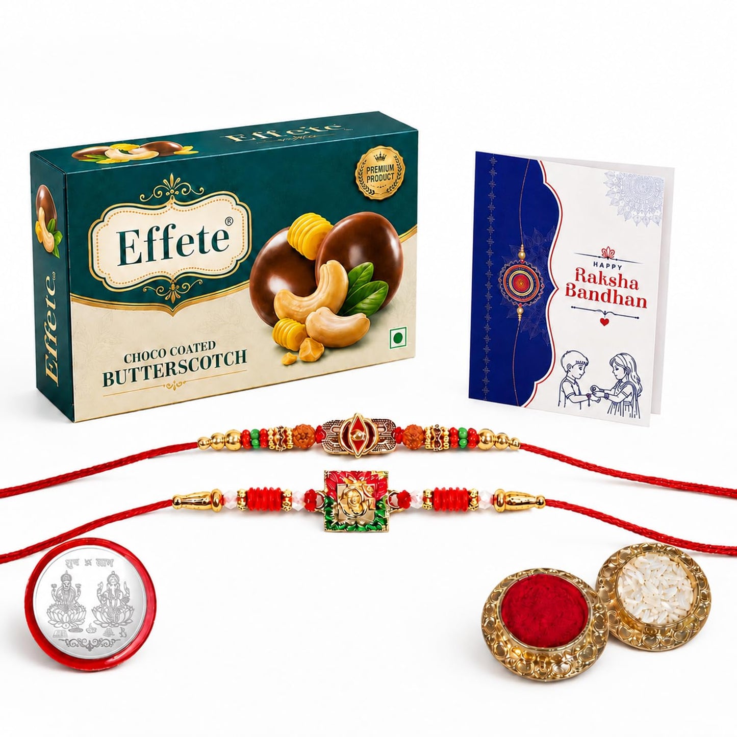 Deity Rakhi for Brother with Butter Scotch 32gm, Roli Tikka & Card, Pack of 6