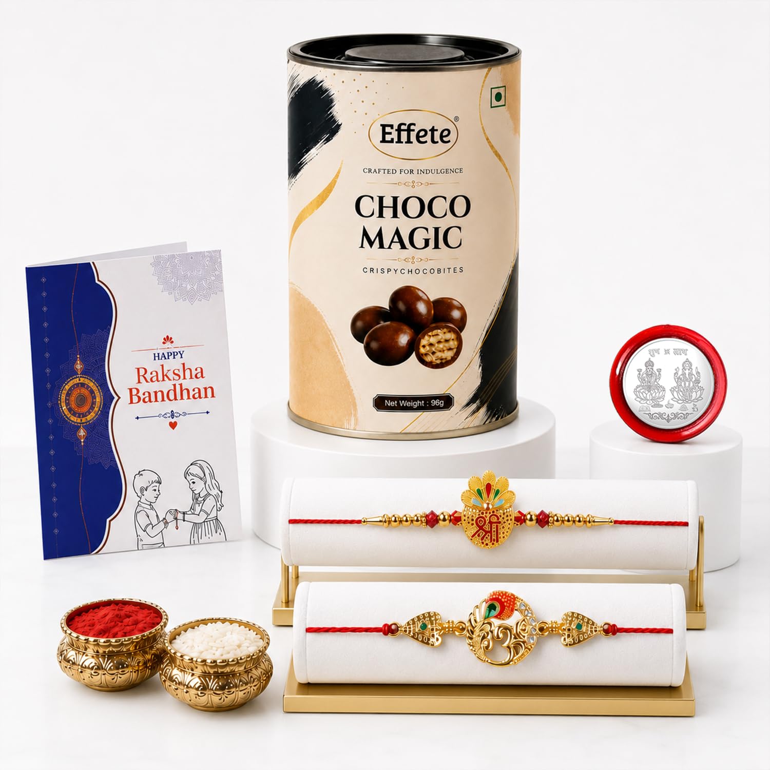 Peacock motif Rakhi for Brother with Chocolate Magic 96gm, Coin & Card, Pack of 6