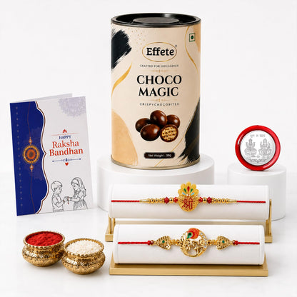 Peacock motif Rakhi for Brother with Chocolate Magic 96gm, Coin & Card, Pack of 6