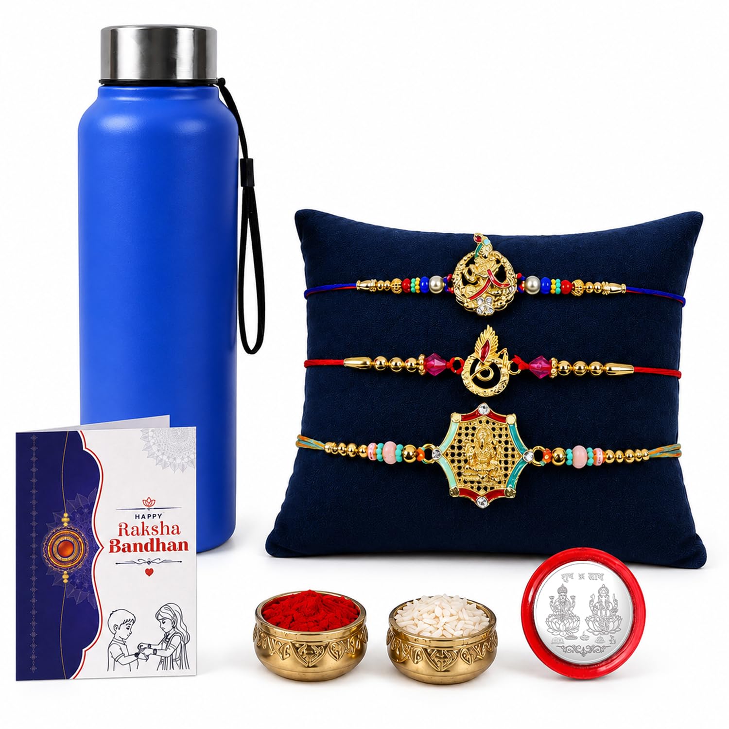 Multicolor Krishna, Golden Feather & Deity Rakhi Combo for Bhai | Pack of 7