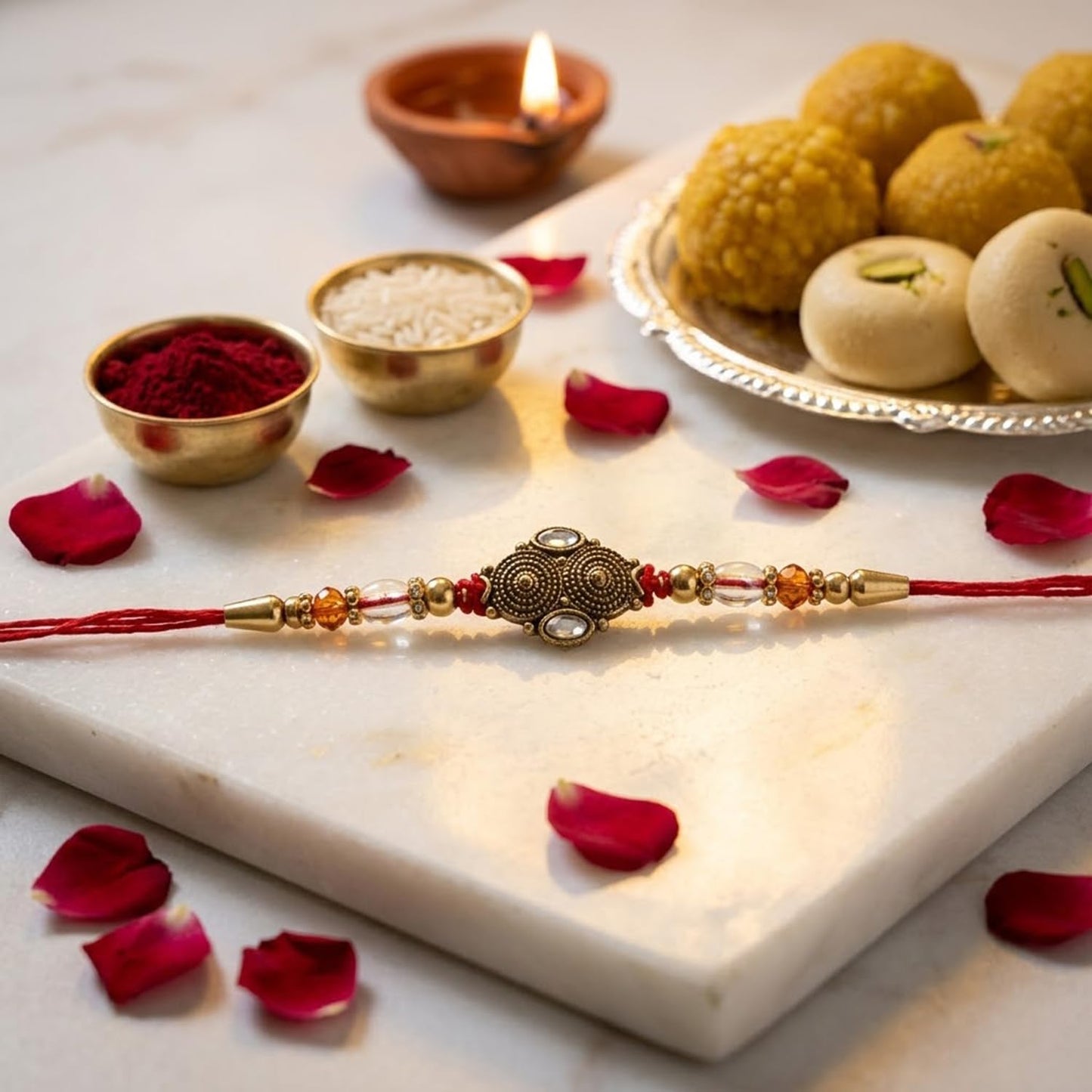 Antique Rakhi for Brother with Butter Scotch 96gm, Roli Tikka & Card, Pack of 5