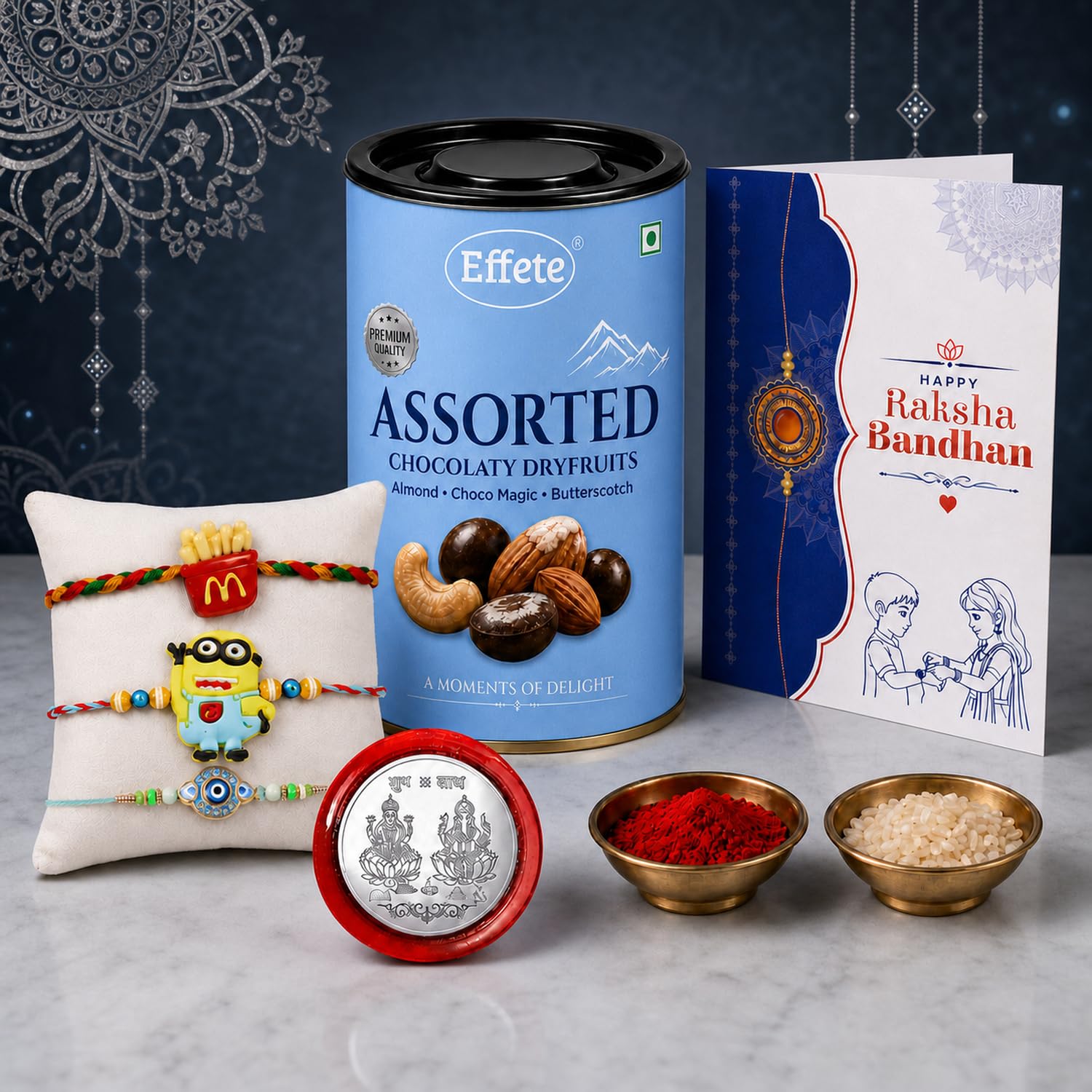Fast Food Rakhi for Brother with Choco Dryfruits 96gm, Coin & Card, Pack of 7