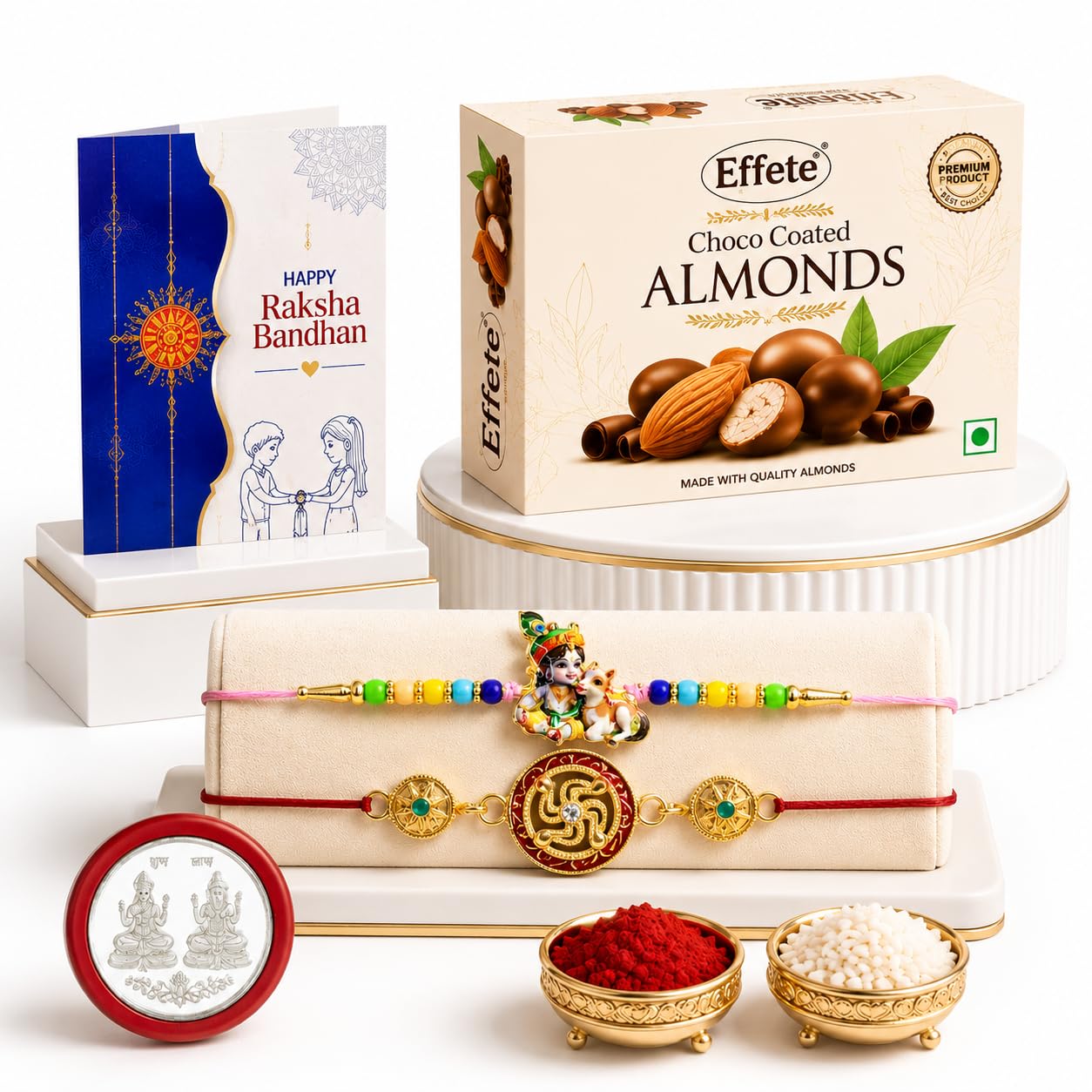 Krishna Charm Rakhi for Brother with Choco Almonds 32gm, Coin & Card, Pack of 6
