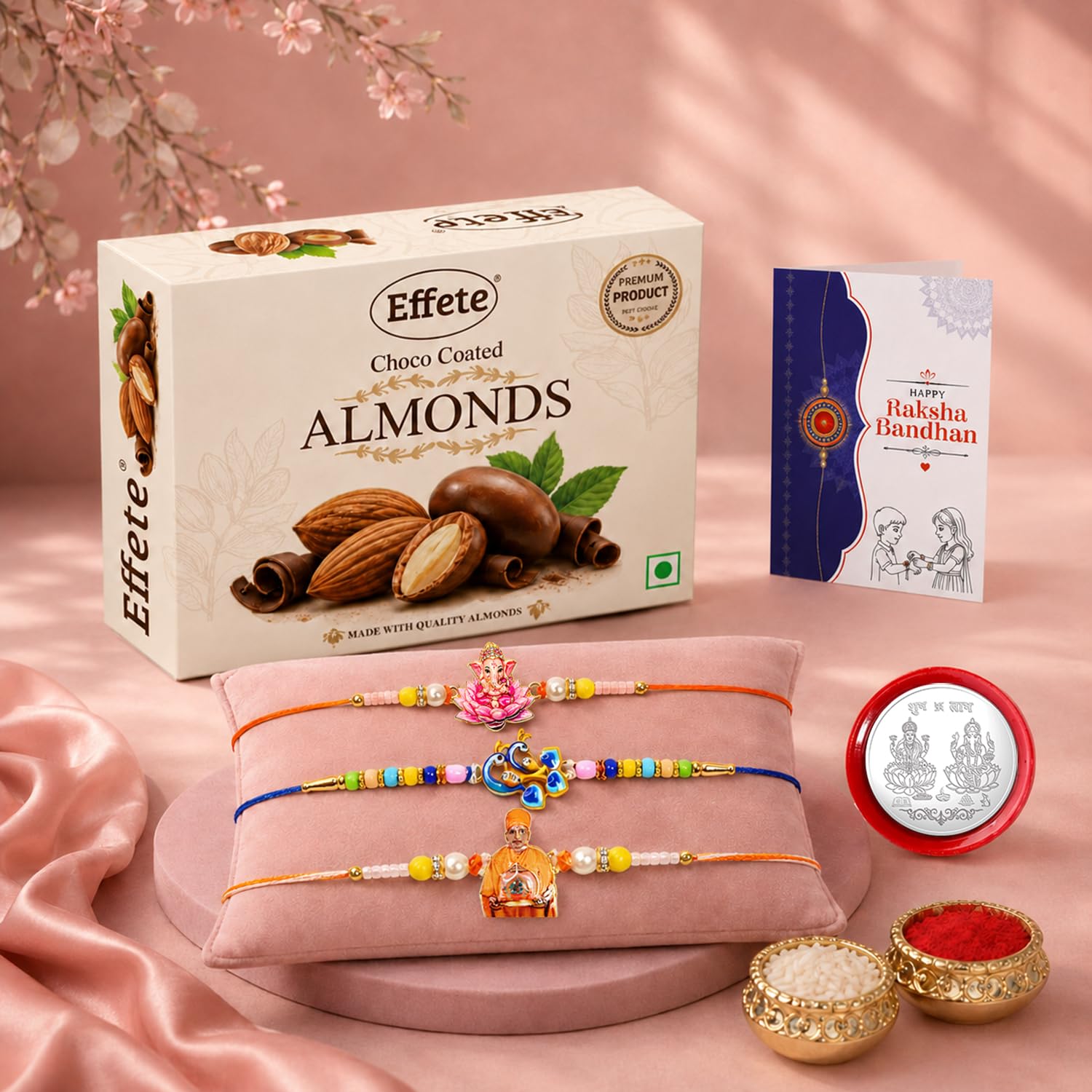 Swami Maharaj Rakhi Combo - Raksha Bandhan Gift with Choco Almonds 32gm, Pack of 7