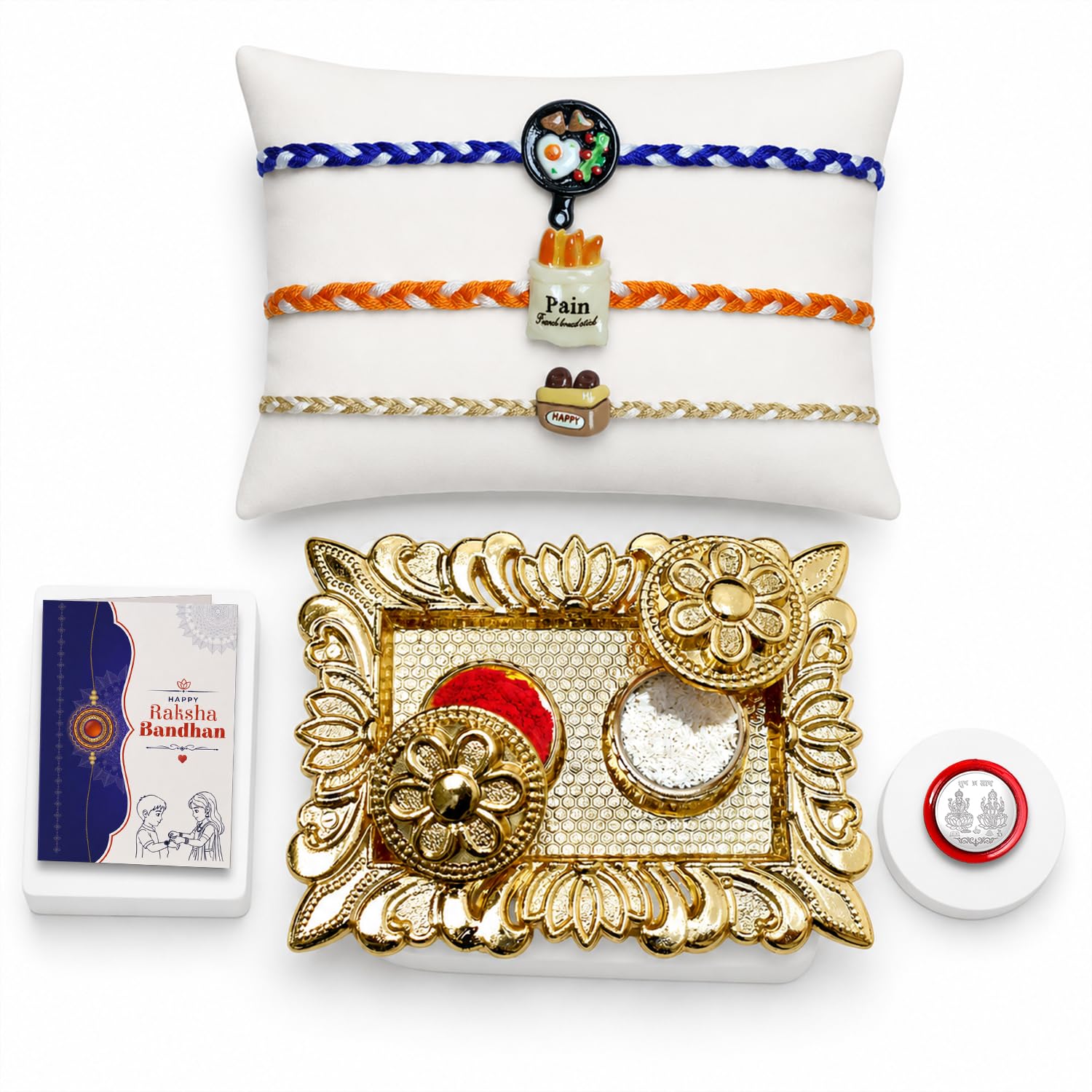 Food Rakhi for Brother with Pooja Thali, Roli Tikka, Pooja Coin & Card, Pack of 7