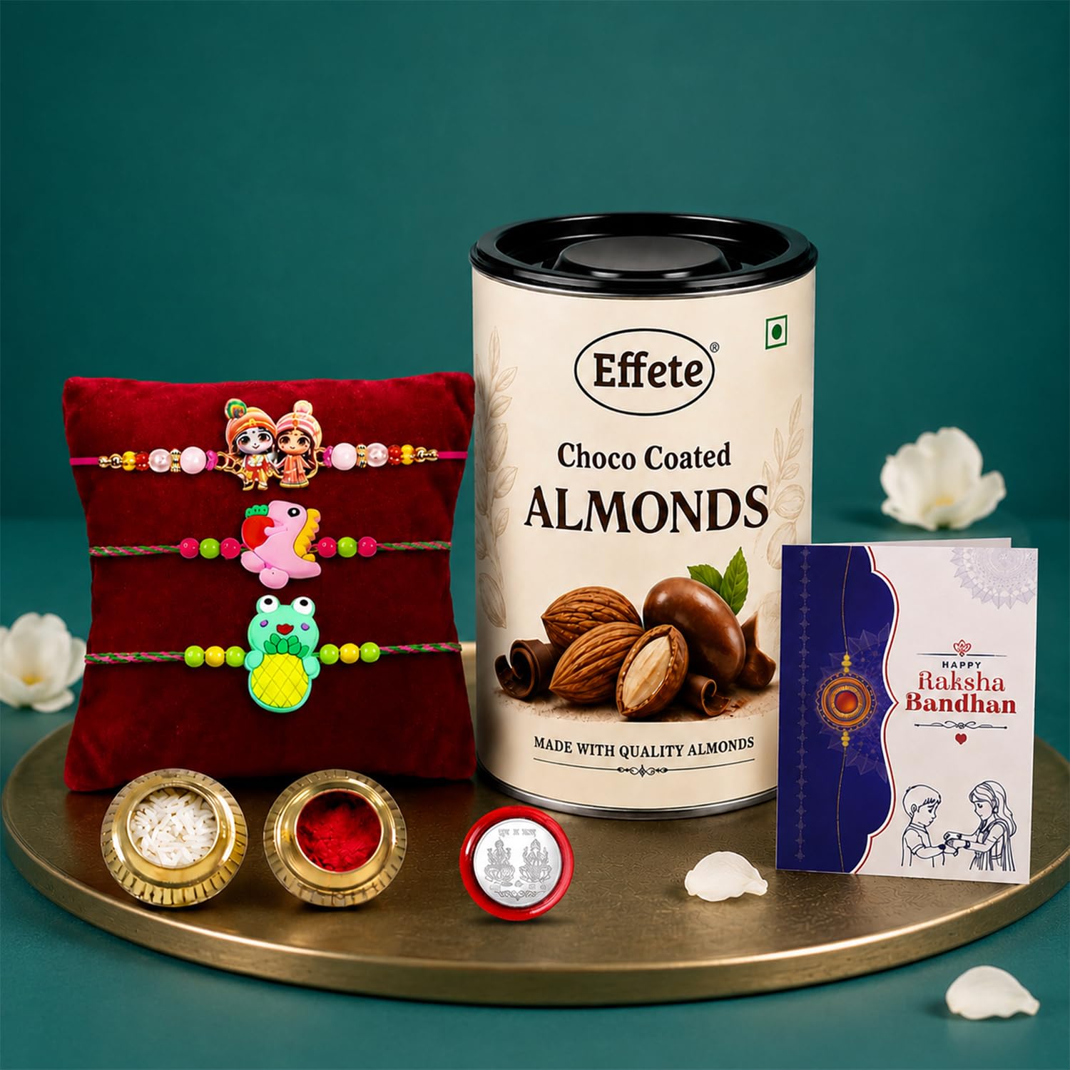 Krishna Radha Rakhi for Brother with Choco Almonds 96gm, Coin & Card, Pack of 7
