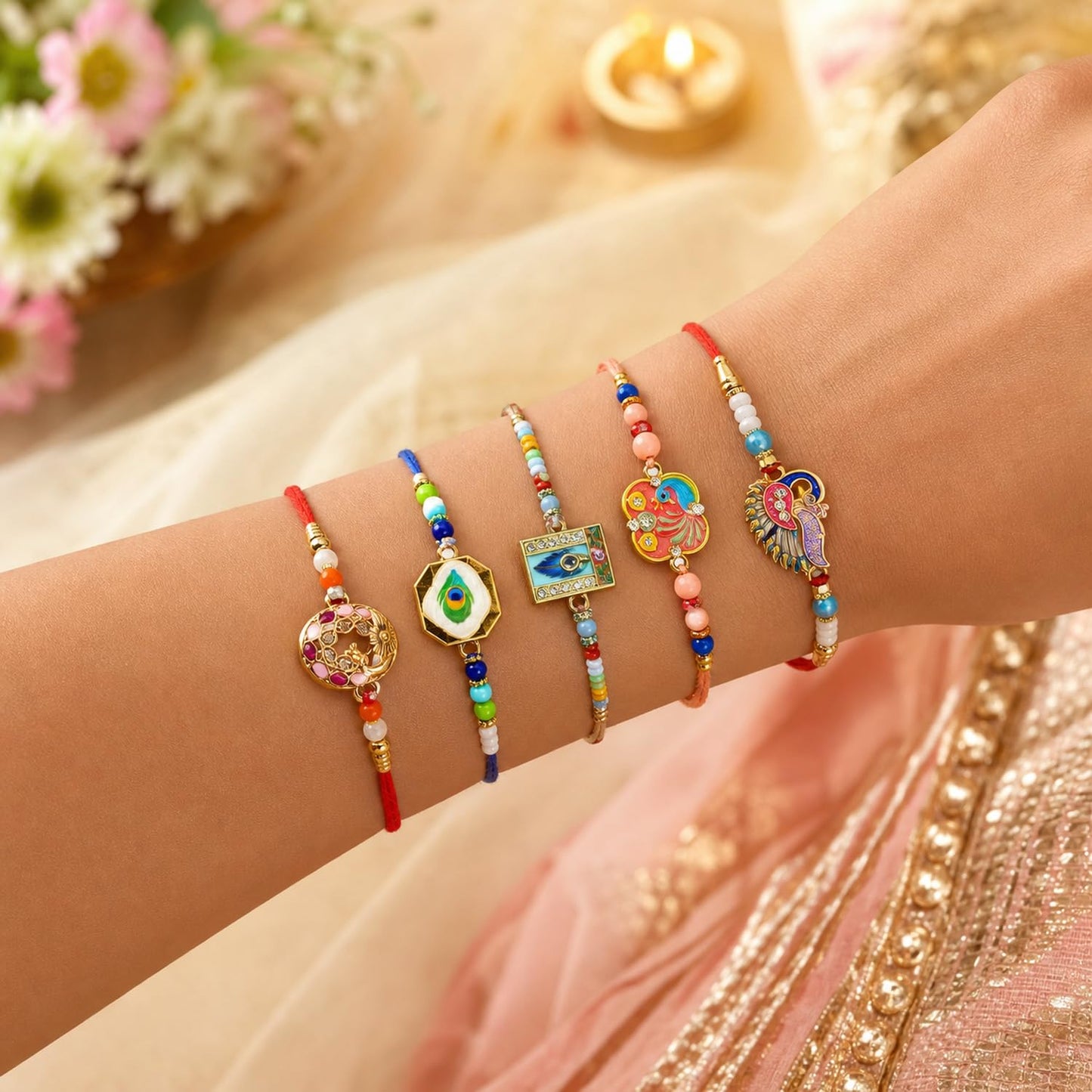 Elegant Beautiful Rakhi for Brother with Roli Tikka, Pooja Coin & Card, Pack of 8