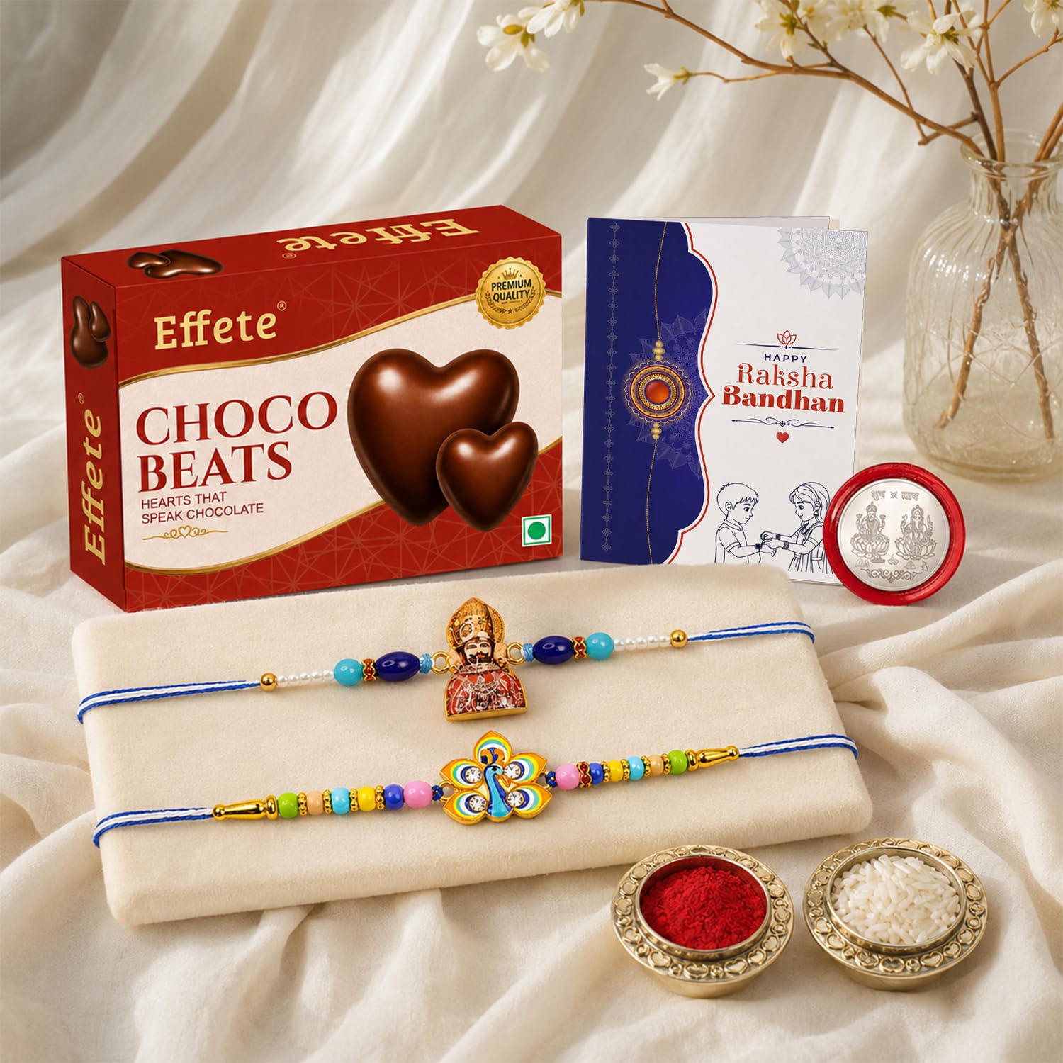 Khatu Shyam, Peacock Rakhi Combo - Raksha Bandhan Gift with Choco Beats 32gm, Pack of 6